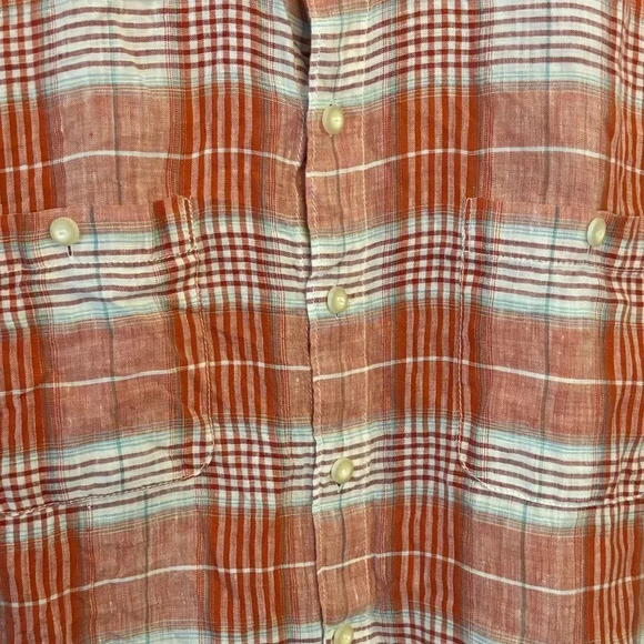 Tommy Bahama Linen Red Orange Peach Plaid Short Sleeve Button Down L - Picture 2 of 5